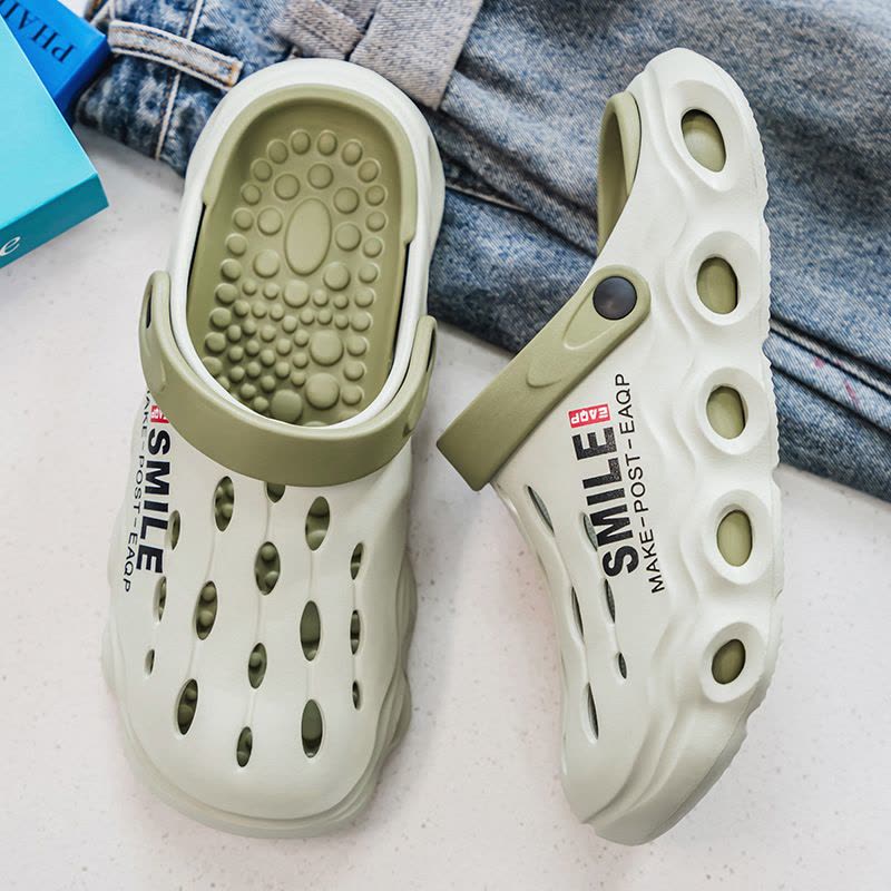 男士新款舒适潮流时尚日常休闲圆头厚底拼色洞洞鞋透气包头男鞋图片