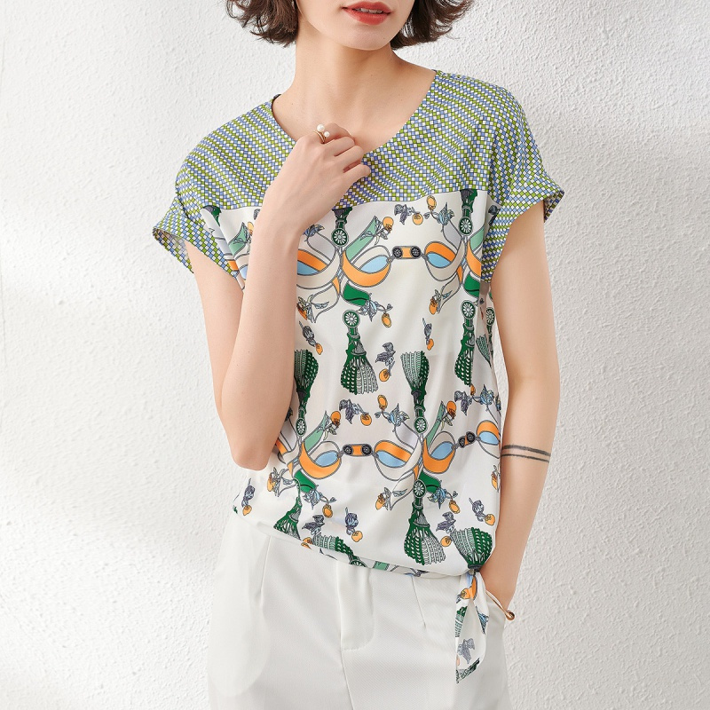 [复古印花连肩袖上衣]夏季设计感波点拼接宽松显瘦短袖t恤女