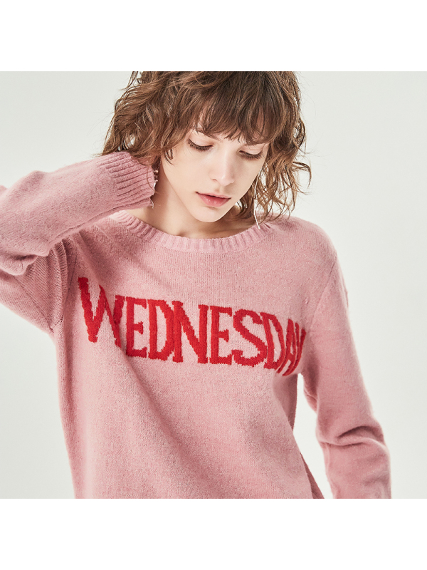 红袖针织衫冬季新款女装减龄撞色百搭韩版字母提花圆领套头上衣女 樱花粉410