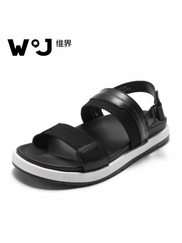维界WATCHJADY 凉鞋2017新款沙滩鞋牛皮休闲皮凉鞋 黑色 42