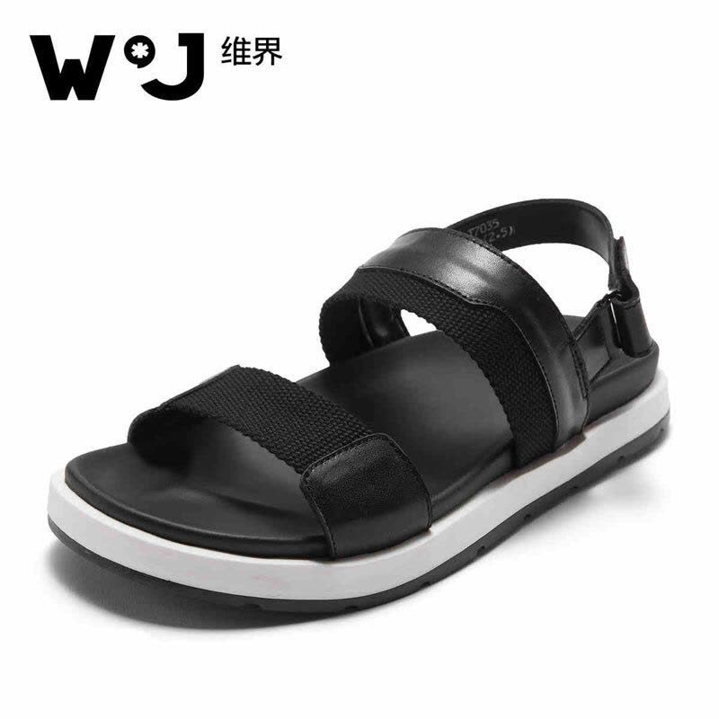 维界WATCHJADY 凉鞋2017新款沙滩鞋牛皮休闲皮凉鞋 黑色 42图片