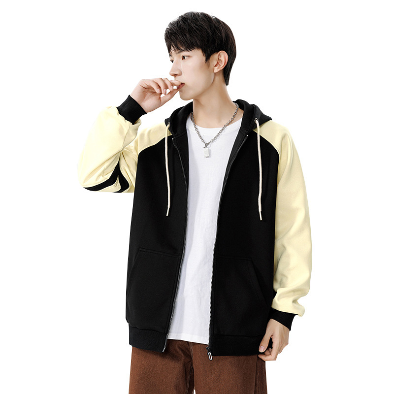 男装连帽开衫卫衣秋冬新款潮牌青少年户外休闲拼色拉链外套男