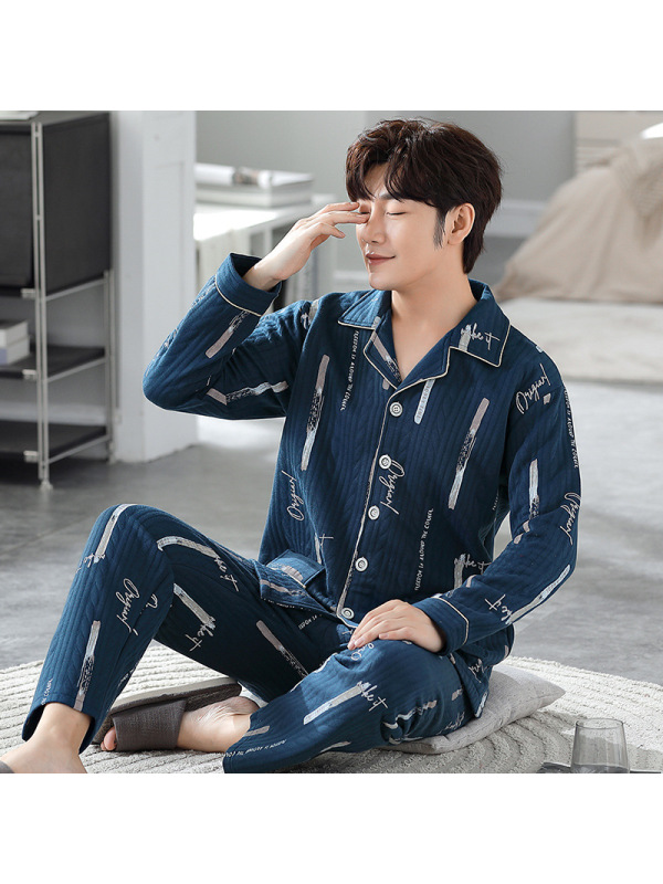 空气棉男士睡衣秋冬季长袖家居服大码爸爸中青年夹层加厚保暖套装