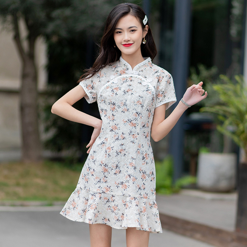 美丽衣橱复古改良旗袍印花连衣裙女高腰显瘦荷叶边短裙子夏装视频