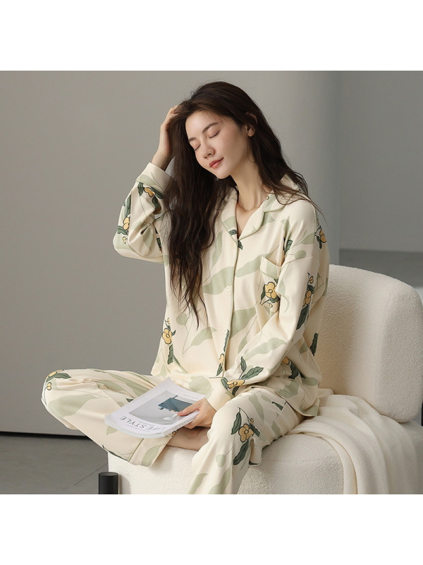 长袖睡衣女士秋冬季纯棉开衫翻领全棉休闲高级感家居服套装可外穿
