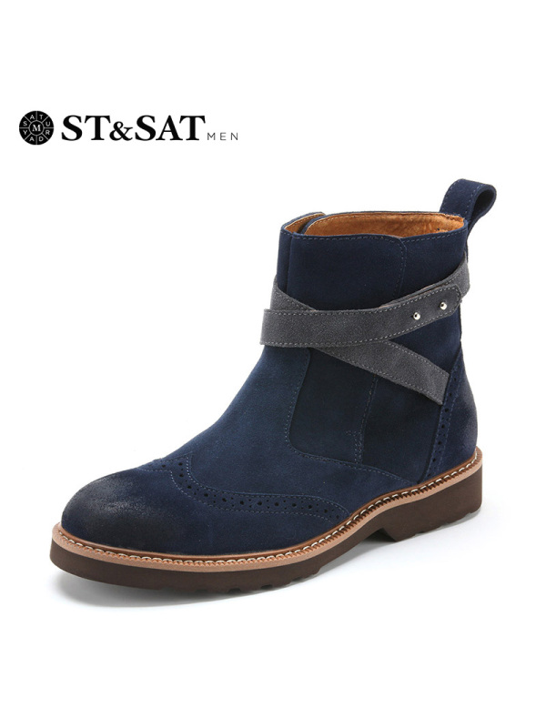 星期六男鞋（ST&SAT）二层磨砂牛皮革平跟圆头时尚休闲男靴SS44129164
