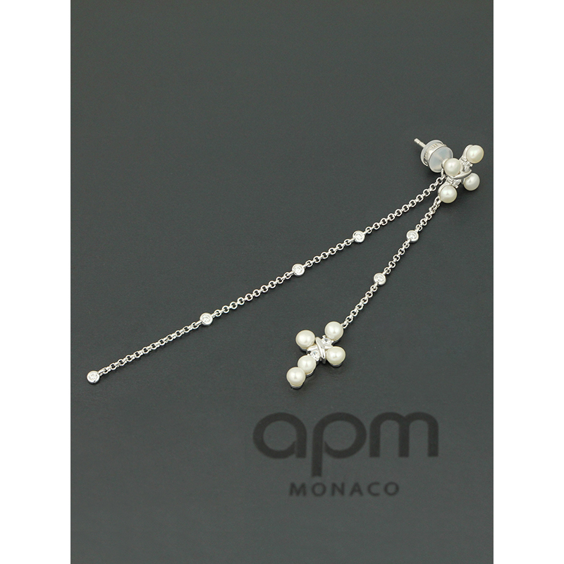 apm MONACO单只十字形垂坠珍珠耳环女士 气质宴会925银耳饰耳线长款耳坠