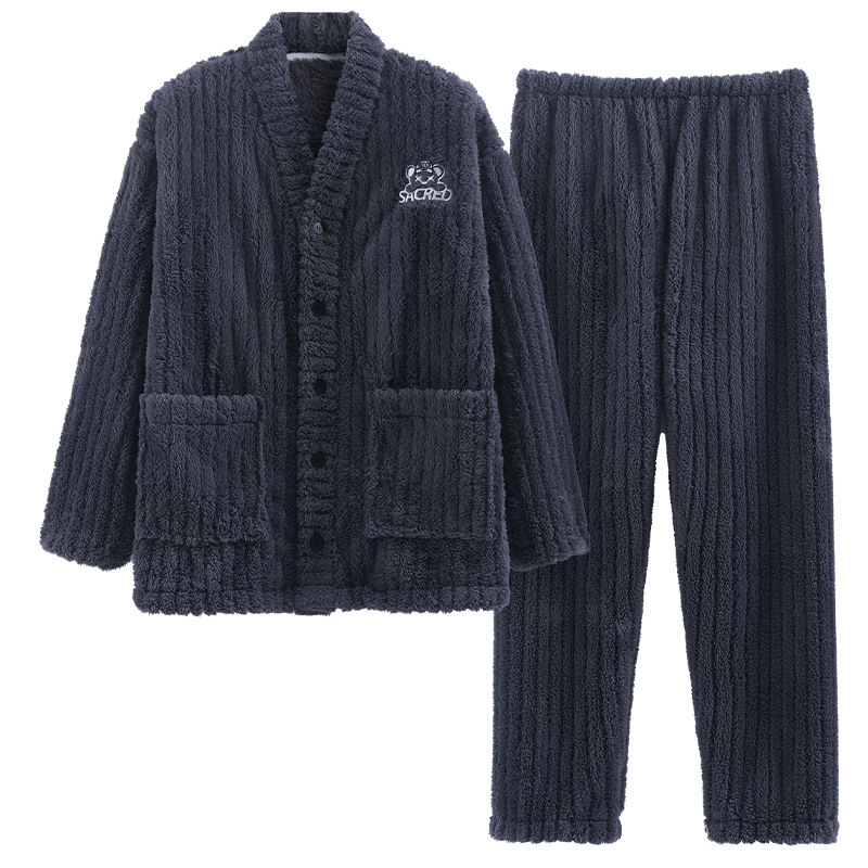 睡衣男冬季珊瑚绒加厚加绒青少年和服男士法兰绒保暖家居服冬套装