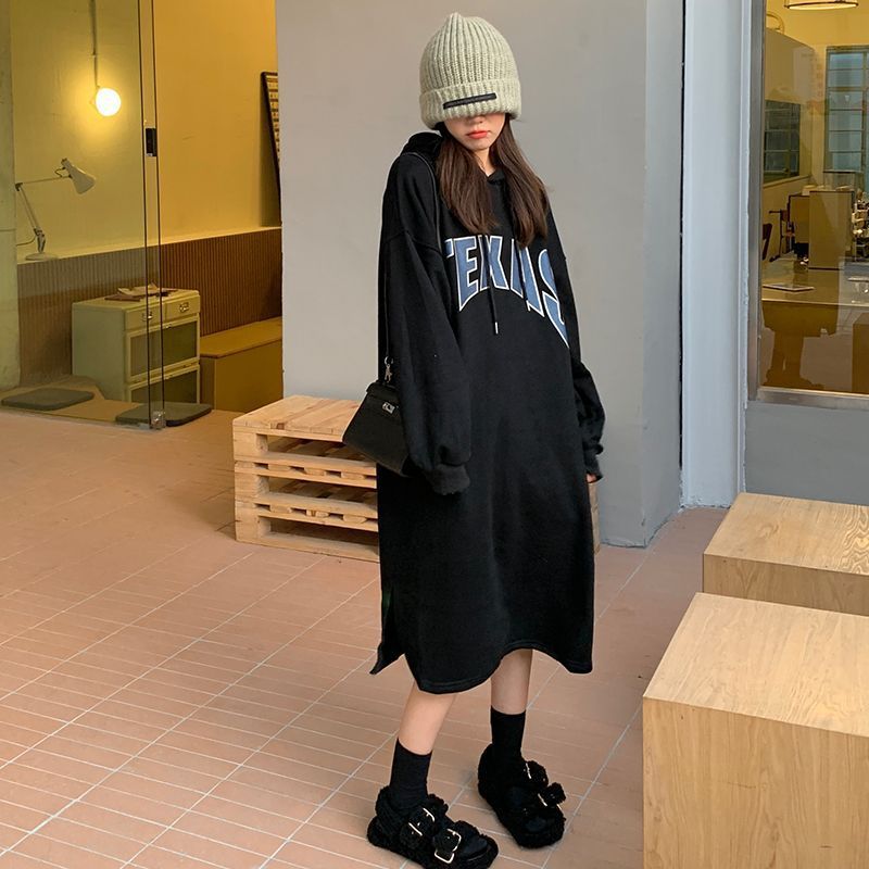 秋冬季新款胖MM慵懒风宽松显瘦加绒加厚连帽过膝长款卫衣裙女