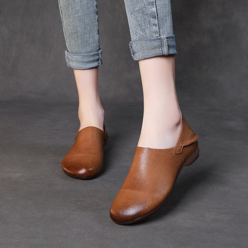 头层牛皮平跟软底单鞋春季新款森系文艺复古真皮手工套脚女鞋