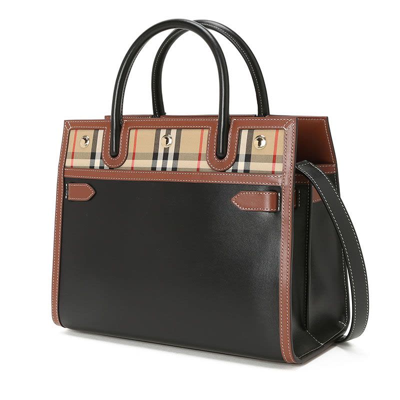 预售 博柏利BURBERRY Title 通勤手拎小号 字母印字标格纹拼皮 女士手提包 8025269金扣图片