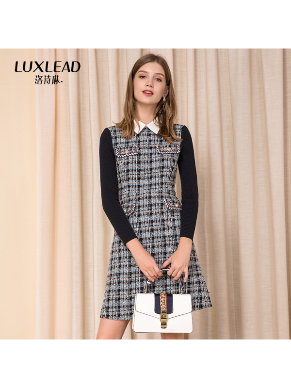 洛诗琳2018冬装撞色小翻领拼接毛织袖连衣裙