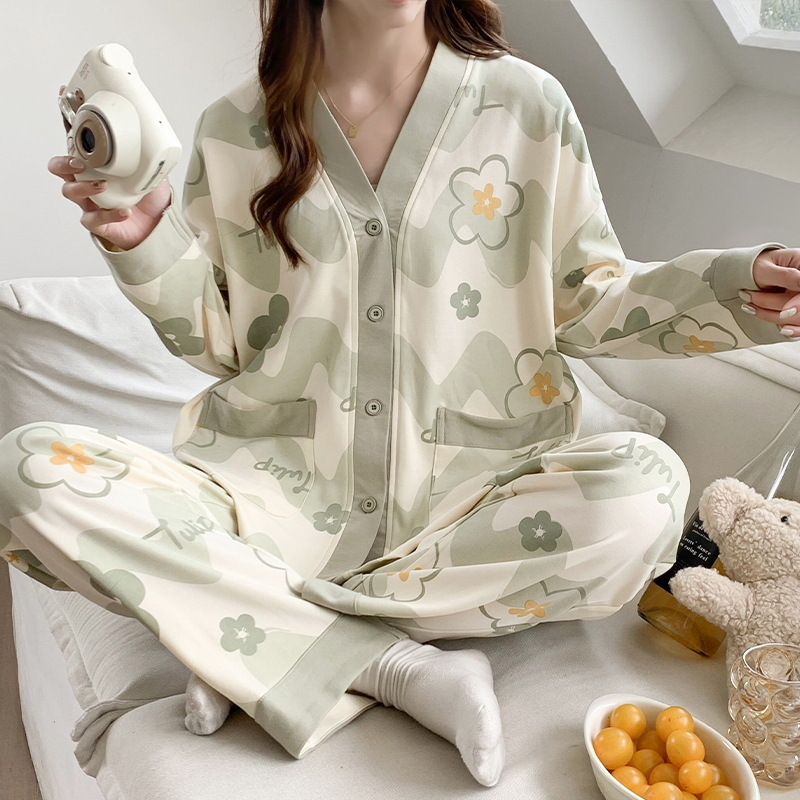 秋冬季女士长袖开衫睡衣女和服长裤仿棉套装v领家居服春秋可外穿