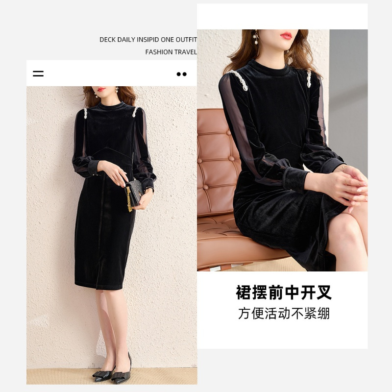 OUNIXUE欧昵雪 | [开叉过膝丝绒裙]秋冬季复古时尚透视长袖拼接女士连衣裙
