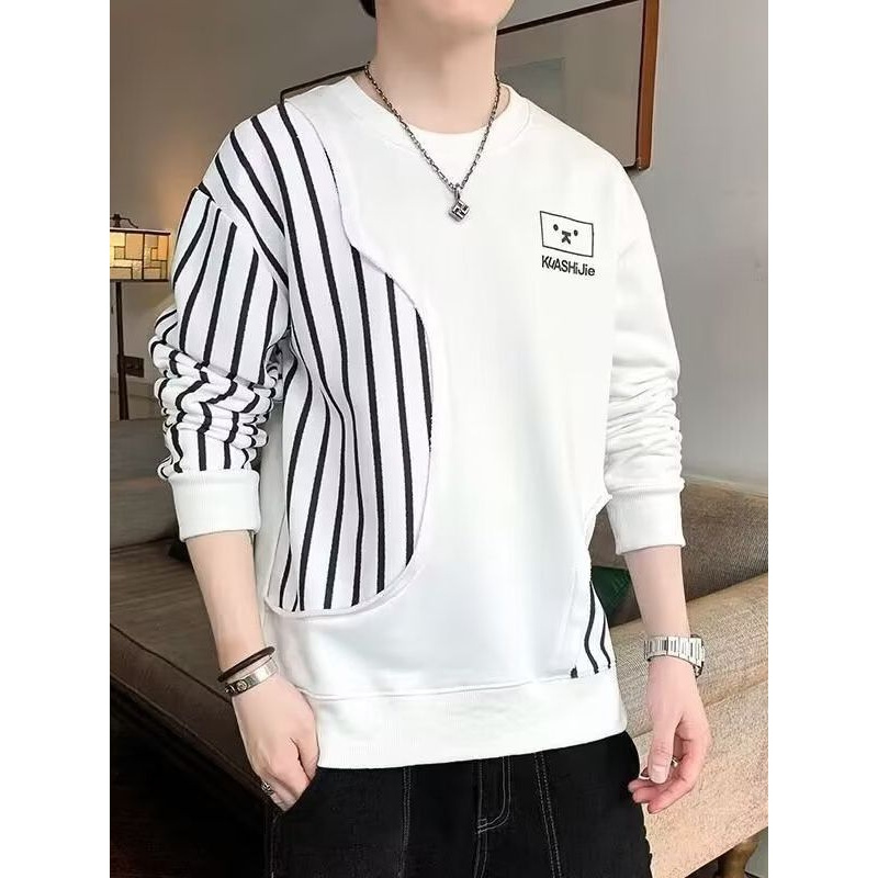 服长袖T恤男士秋季圆领上衣打底衫潮流拼色个性条纹卫衣