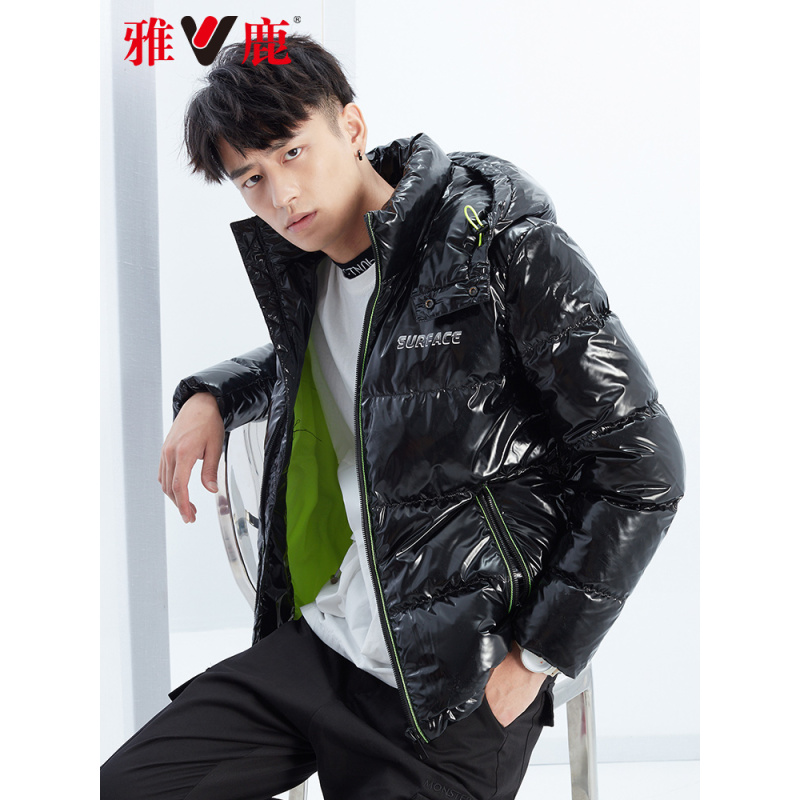 雅鹿羽绒服男短款连帽加厚保暖亮面2019冬季新款时尚休闲男反季l