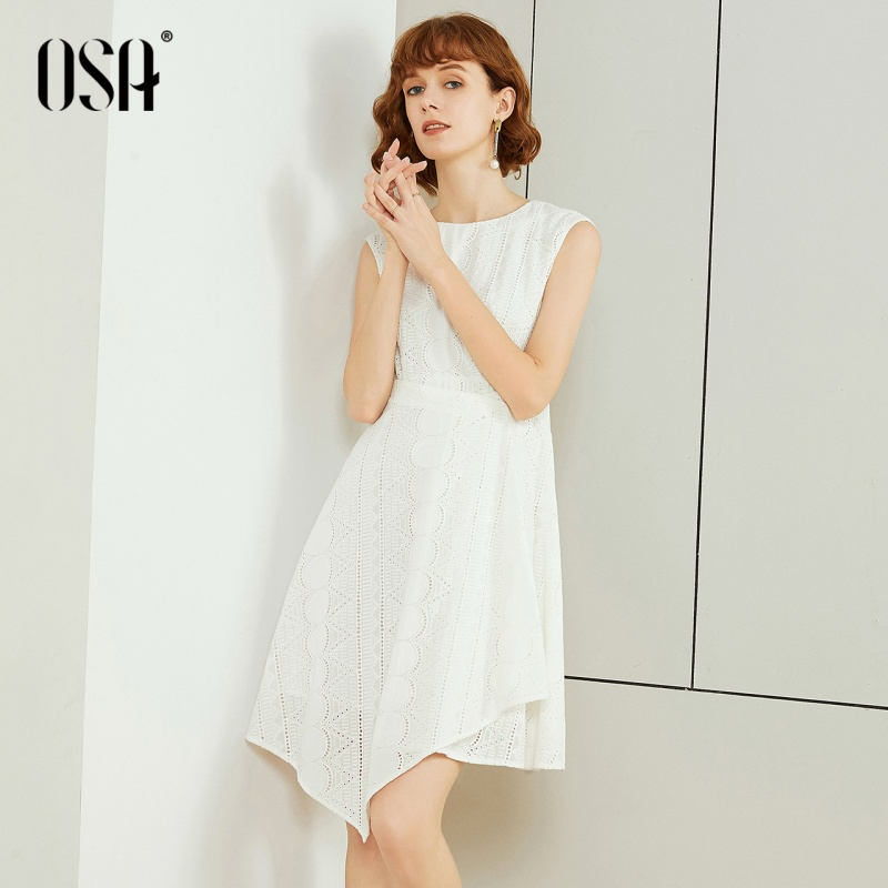 OSA欧莎无袖A字连衣裙2019新款夏女白色气质高腰裙子收腰显瘦洋气