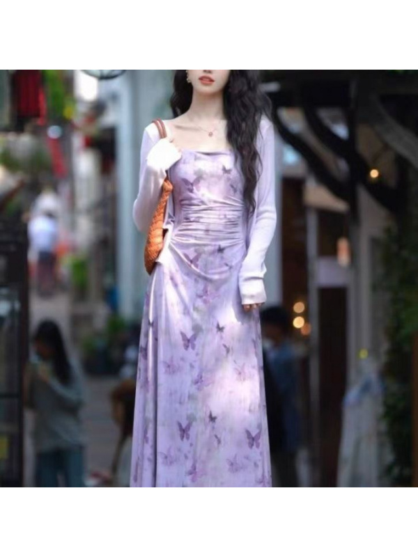 碎花吊带连衣裙女春秋季新款收腰显瘦设计感小个子外搭开衫两件套