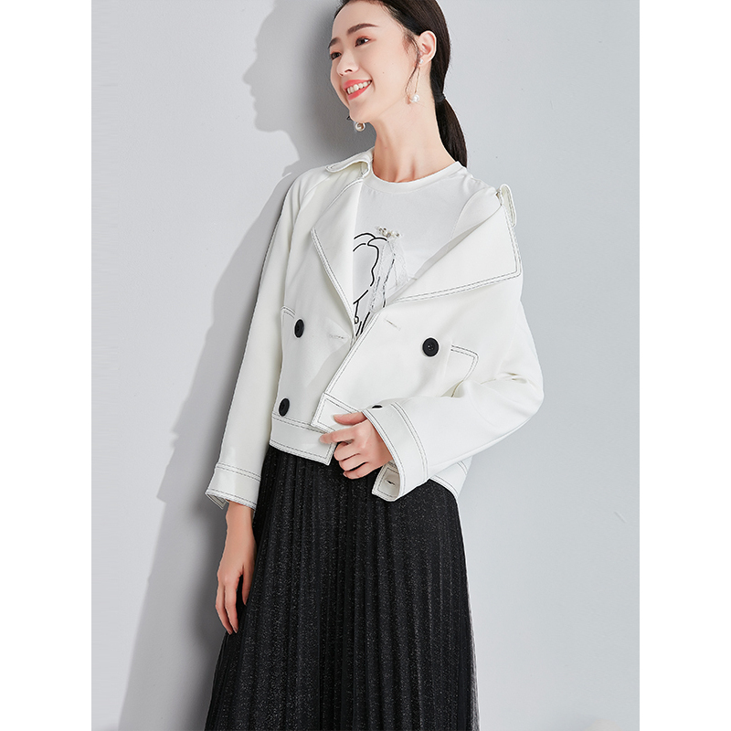 欧昵雪 春秋季女后背印花双排扣时尚白色外套女短款长袖c