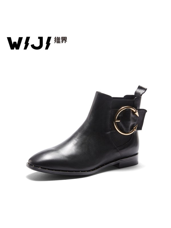 WIJI2018冬季新款时尚休闲纯色女靴环扣设计透气舒适个性方头女靴