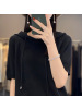 连帽短袖卫衣休闲冰丝针织T恤女宽松显瘦洋气小衫带帽五分袖上衣