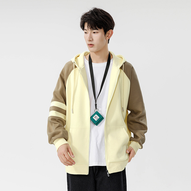 男装连帽开衫卫衣秋冬新款潮牌青少年户外休闲拼色拉链外套男