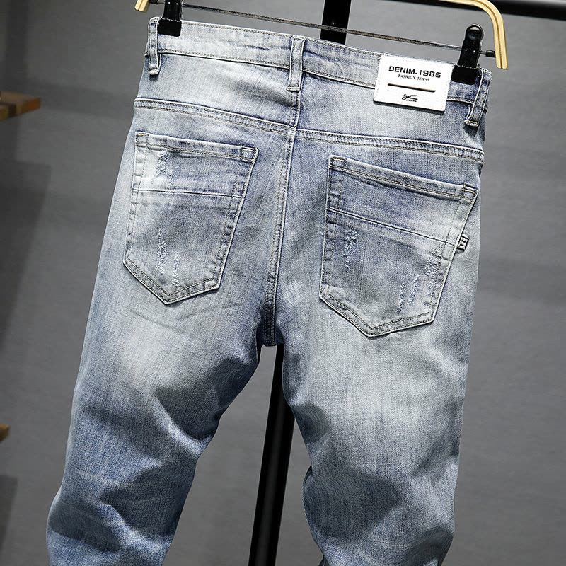 Ceba精神社会小伙春夏浅色韩版个性补丁牛仔长裤百搭个性跑男式牛仔裤图片