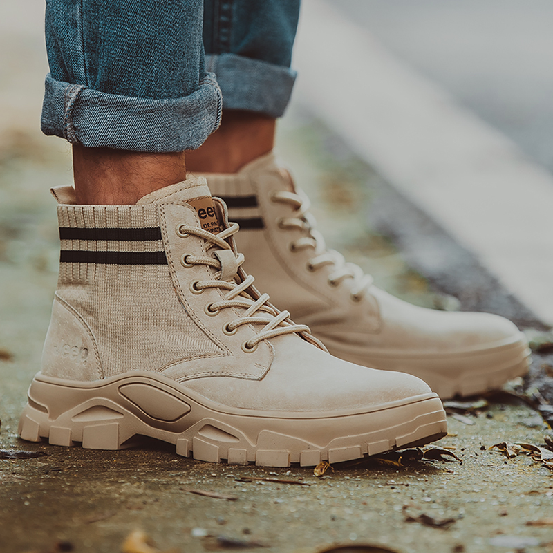 jeep吉普男鞋时尚复古英伦休闲袜子鞋高帮马丁靴男