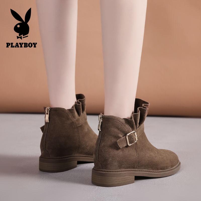 PLAYBOY/花花公子冬季荷叶边金属扣装饰圆头低跟时尚短靴女G12299218