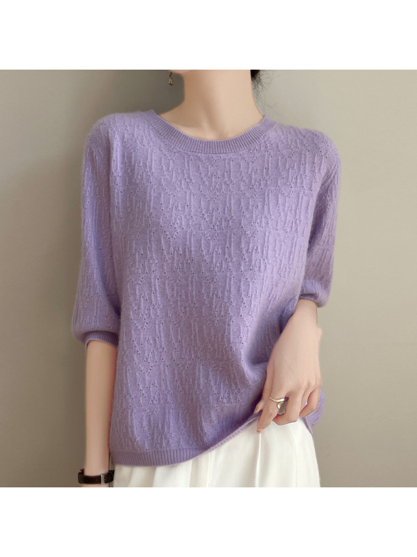 安迪绒圆领针织衫2025年春季新款镂空五分袖宽松套头打底衫上衣女