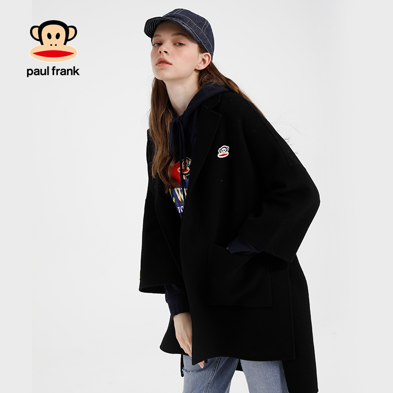 Paul Frank/大嘴猴秋冬毛呢外套女纯色韩版宽松时尚外衣 黑色 M
