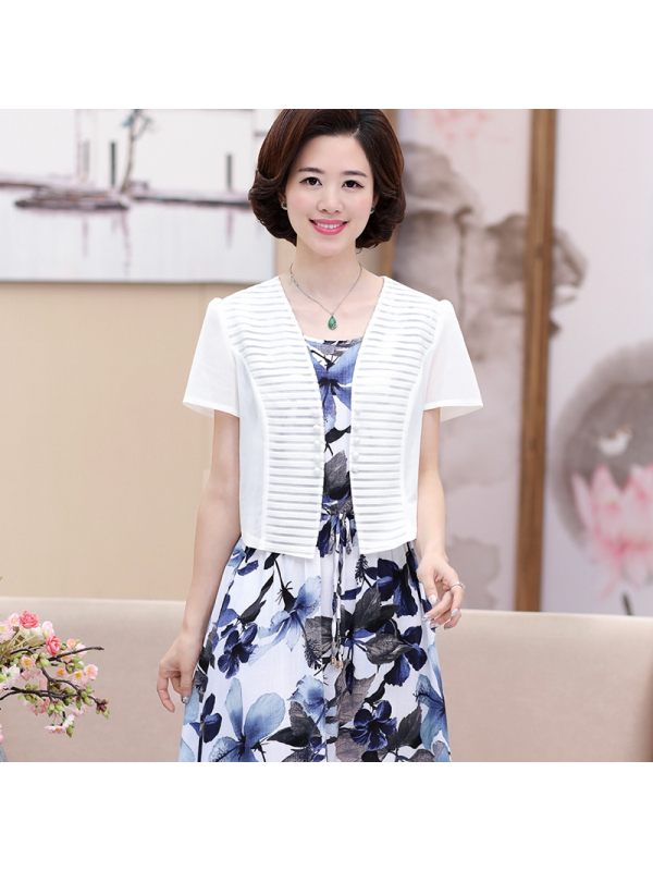 猫人(MiiOW)中老年女装妈妈装夏装套装40-49 岁大码休闲真两件连衣裙双色选裙装6115