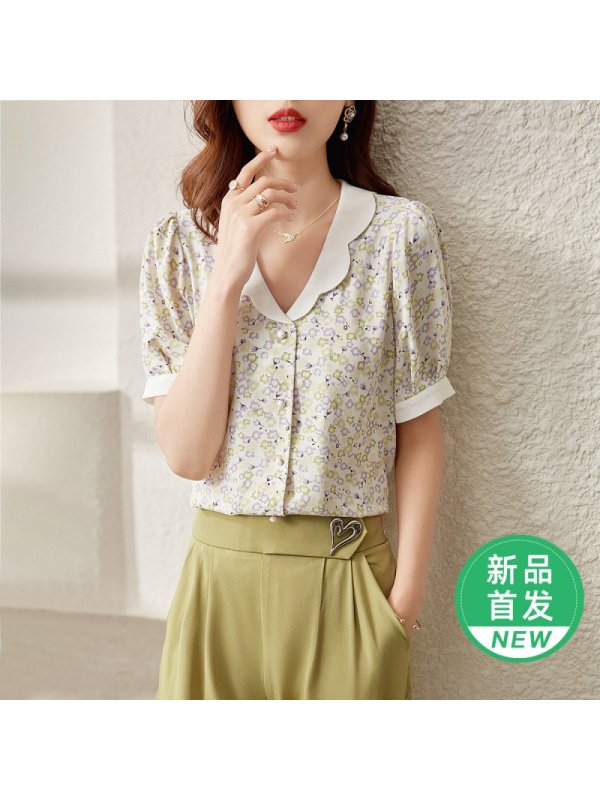 OUNIXUE欧昵雪 | [复古碎花小衫]夏季小清新波浪型翻领衬衫上衣时尚女士短袖
