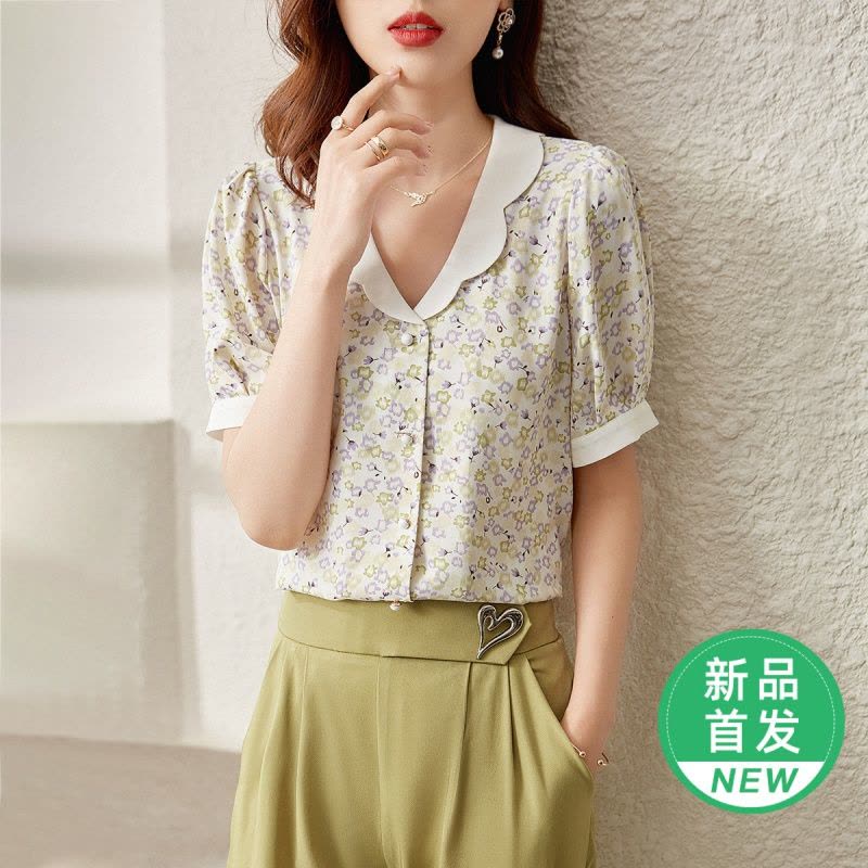 OUNIXUE欧昵雪 | [复古碎花小衫]夏季小清新波浪型翻领衬衫上衣时尚女士短袖图片