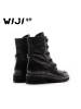 WIJI秋冬季新款时尚加绒马丁靴休闲英伦复古中筒女靴子个性绑带潮