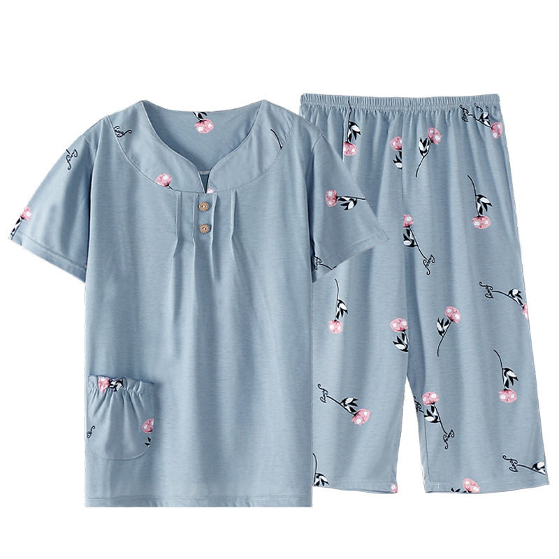 睡衣女夏季棉质短袖七分裤中老年妈妈宽松加大码家居服套装可外穿