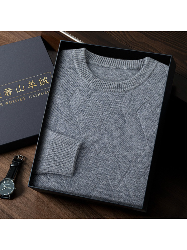 秋冬新款男士圆领羊绒衫纯色提花加厚毛衣宽松休闲菱形打底针织衫