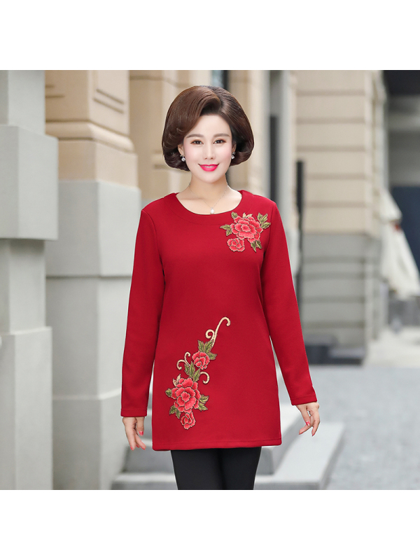 媛宿(YuanSu)妈妈冬装绣花毛衣中长款加厚加绒中老年女打底衫40-50岁大码上衣6579