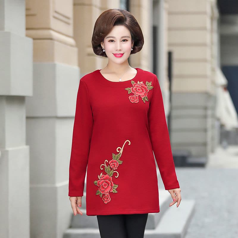 媛宿(YuanSu)妈妈冬装绣花毛衣中长款加厚加绒中老年女打底衫40-50岁大码上衣6579图片