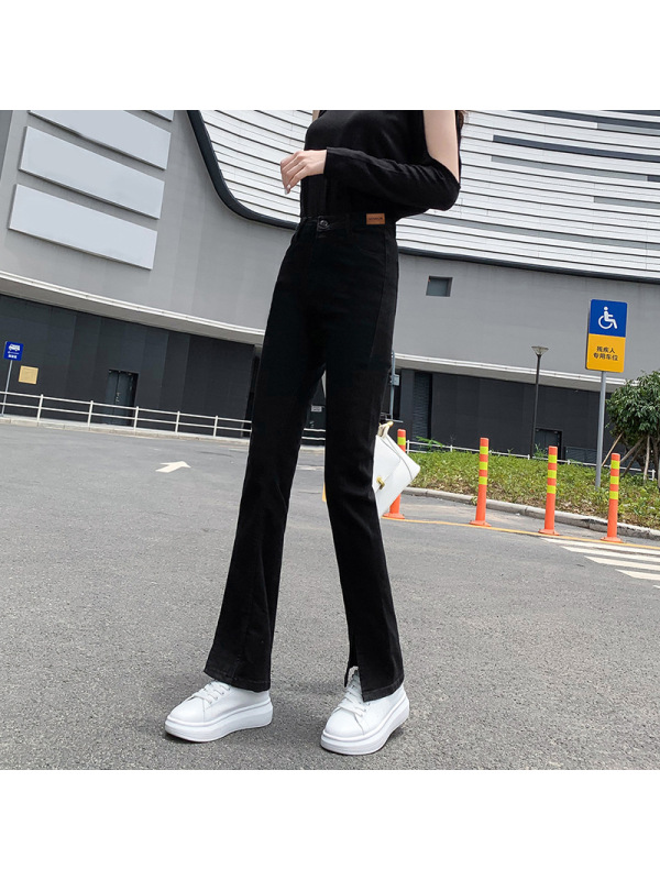 2021秋季新款开叉牛仔裤女高腰弹力修身显瘦微喇叭裤长裤口袋装饰