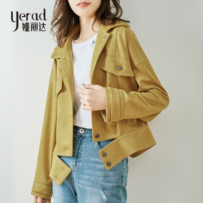 娅丽达女装2019秋季新款短款外套女休闲宽松纯色POLO领女士上衣I7508