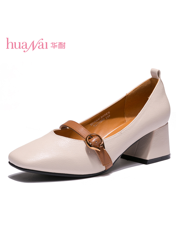 华耐2019春季新款黑色百搭一字扣复古奶奶鞋女方头粗跟中跟单鞋女