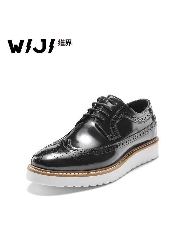 WIJI英伦风系带坡跟牛皮鞋漆皮休闲单鞋牛津鞋雕花布洛克商务女鞋