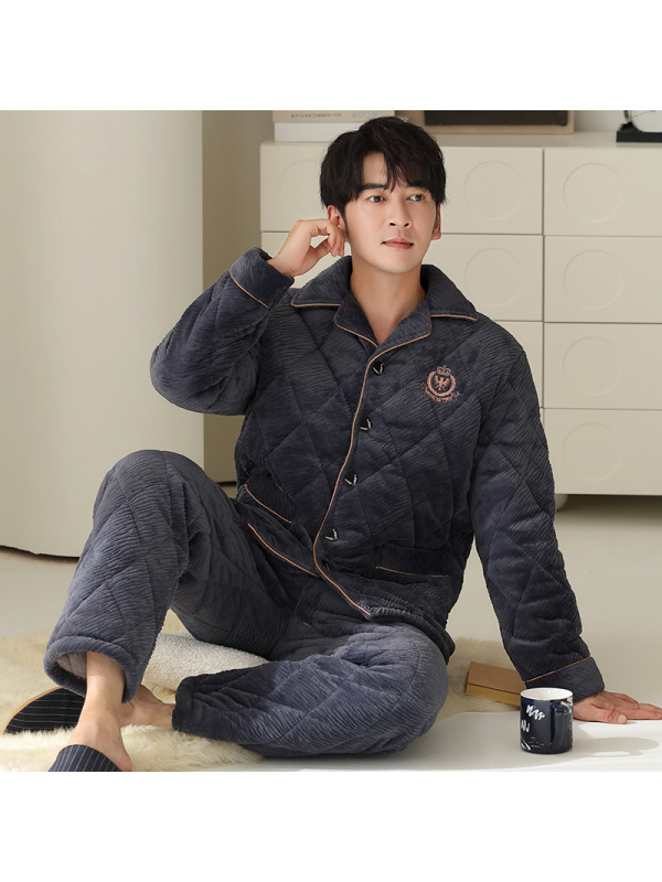 睡衣男士冬季开衫珊瑚绒三层夹棉加厚加绒法兰绒加大码家居服套装