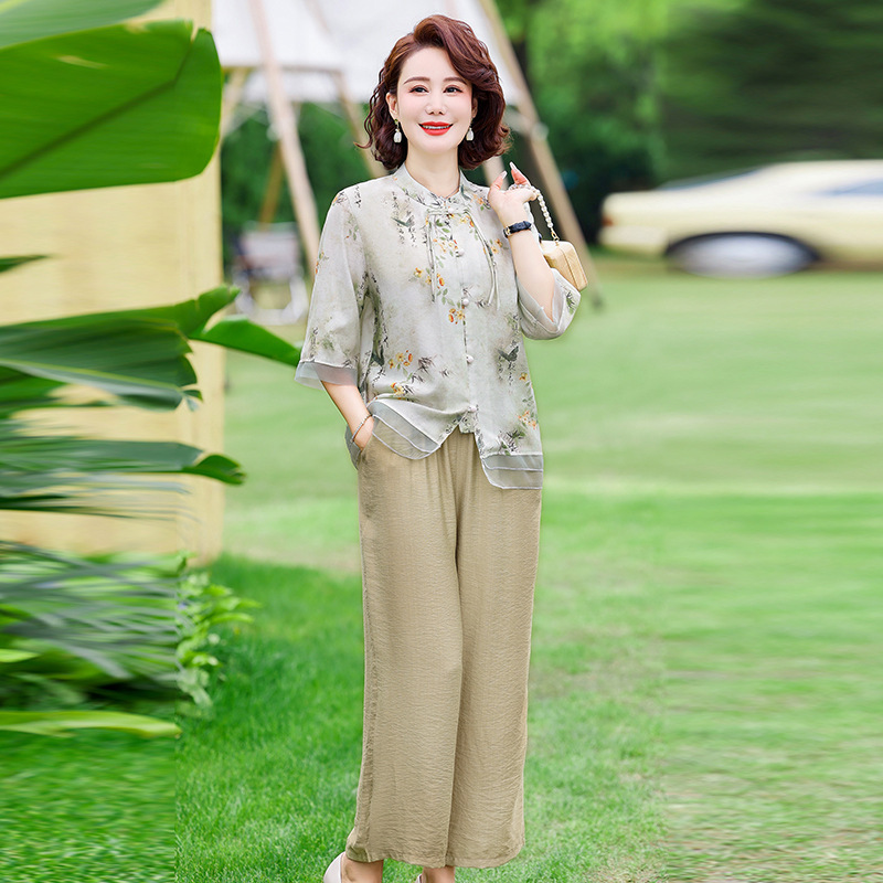 年妈妈夏套装两件套中老年妈妈装40-60岁大码中年女装夏季薄