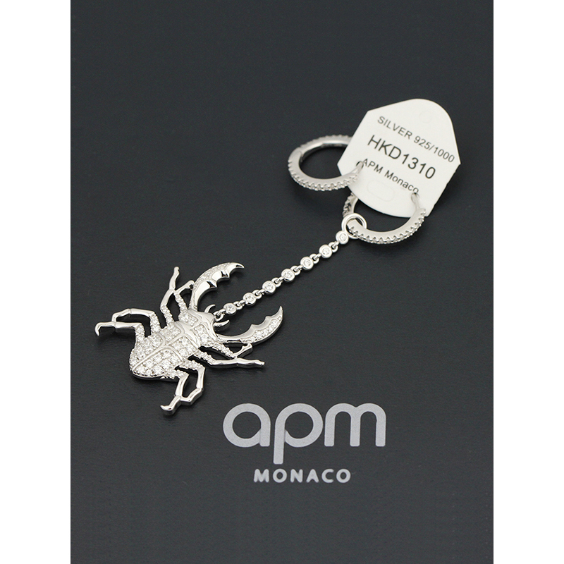 apm MONACO不对称圣甲虫长耳环925银耳饰链坠时尚气质镶晶钻穿孔宴会女士百搭首饰AE11113OX