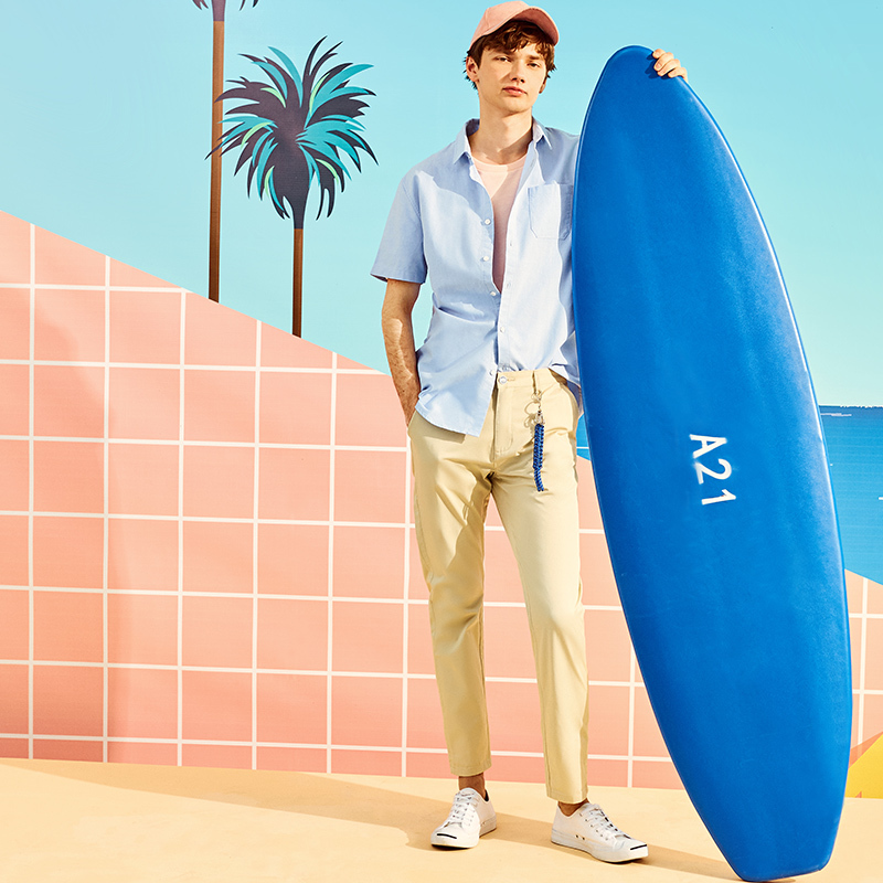 A21以纯线上品牌2018夏季新款男装短袖衬衫男修身翻领短袖男衬衫4821180008