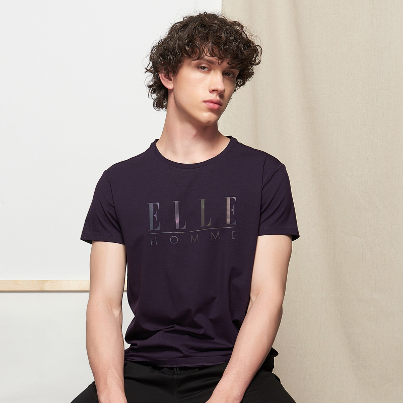 ELLE HOMME棉质圆领字母T恤男士修身短袖简约上衣多色可选