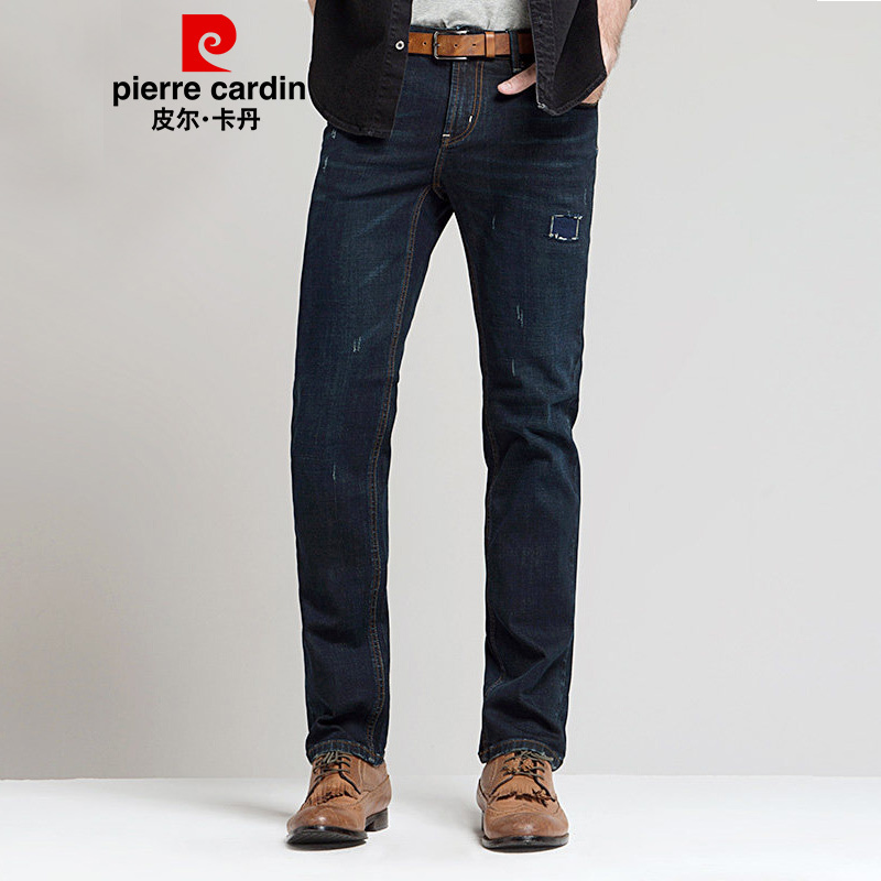 皮尔卡丹（pierre cardin）牛仔裤男 2018秋冬新品 时尚补丁直筒弹力修身休闲男士牛仔长裤