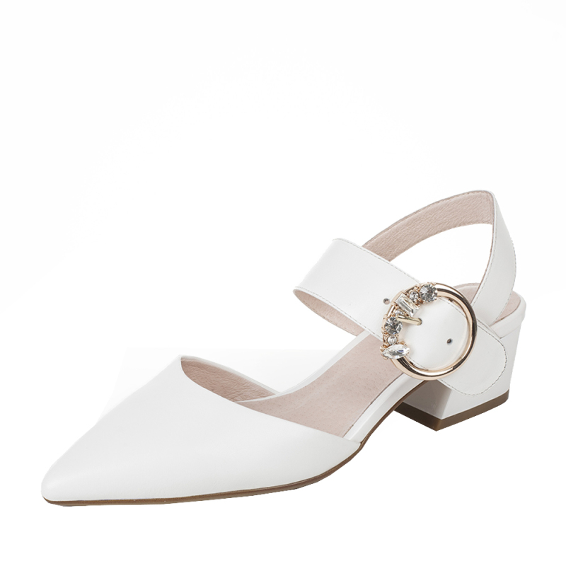 basto百思图新款夏季白色牛皮时尚尖头粗跟女凉鞋l378dbh7